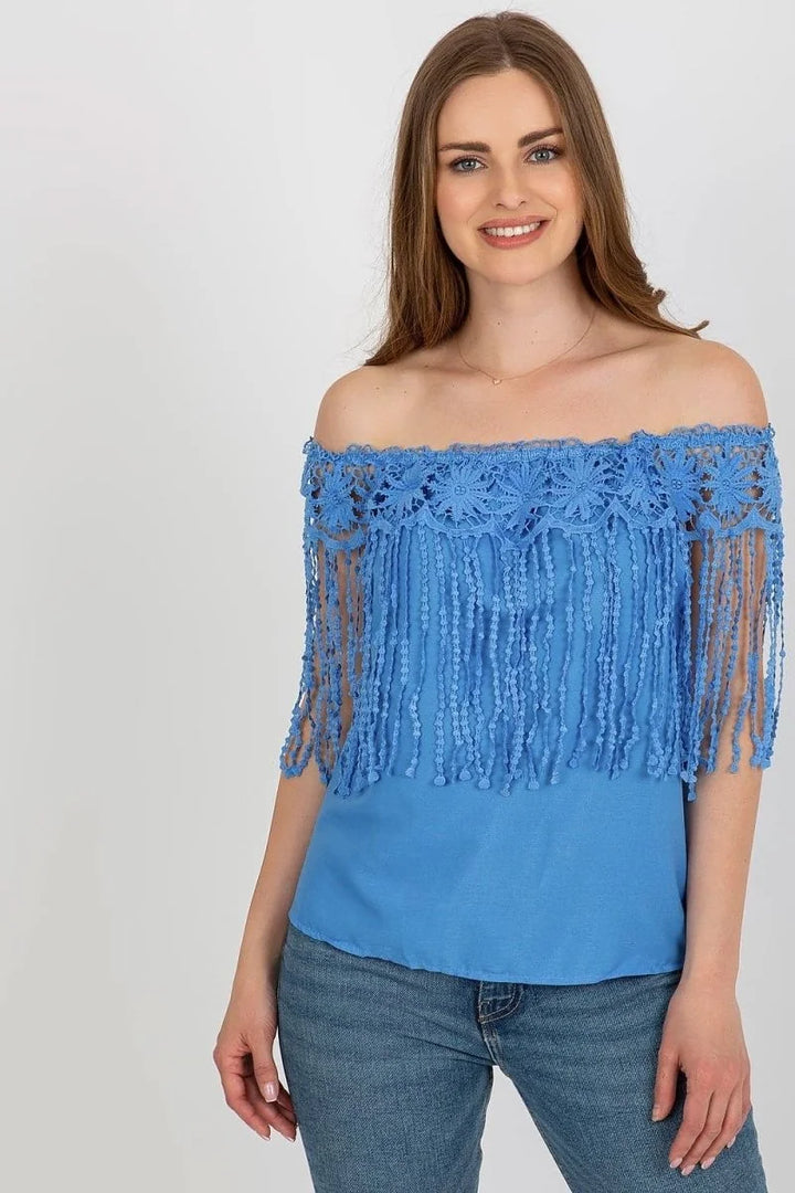 Blue blouse with Spanish neckline and lace trim
