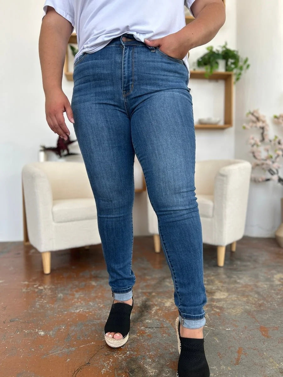 Medium wash Judy Blue cuffed hem skinny jeans