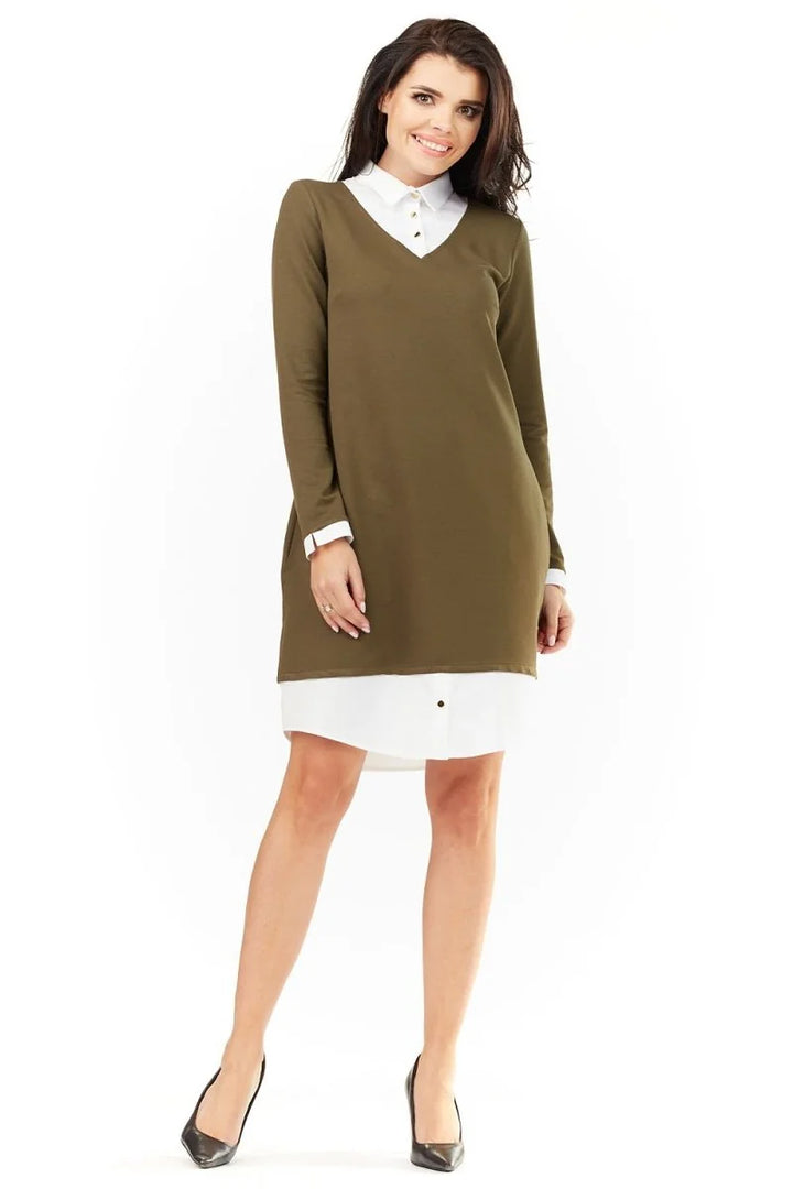 Green long sleeve day dress with white insets