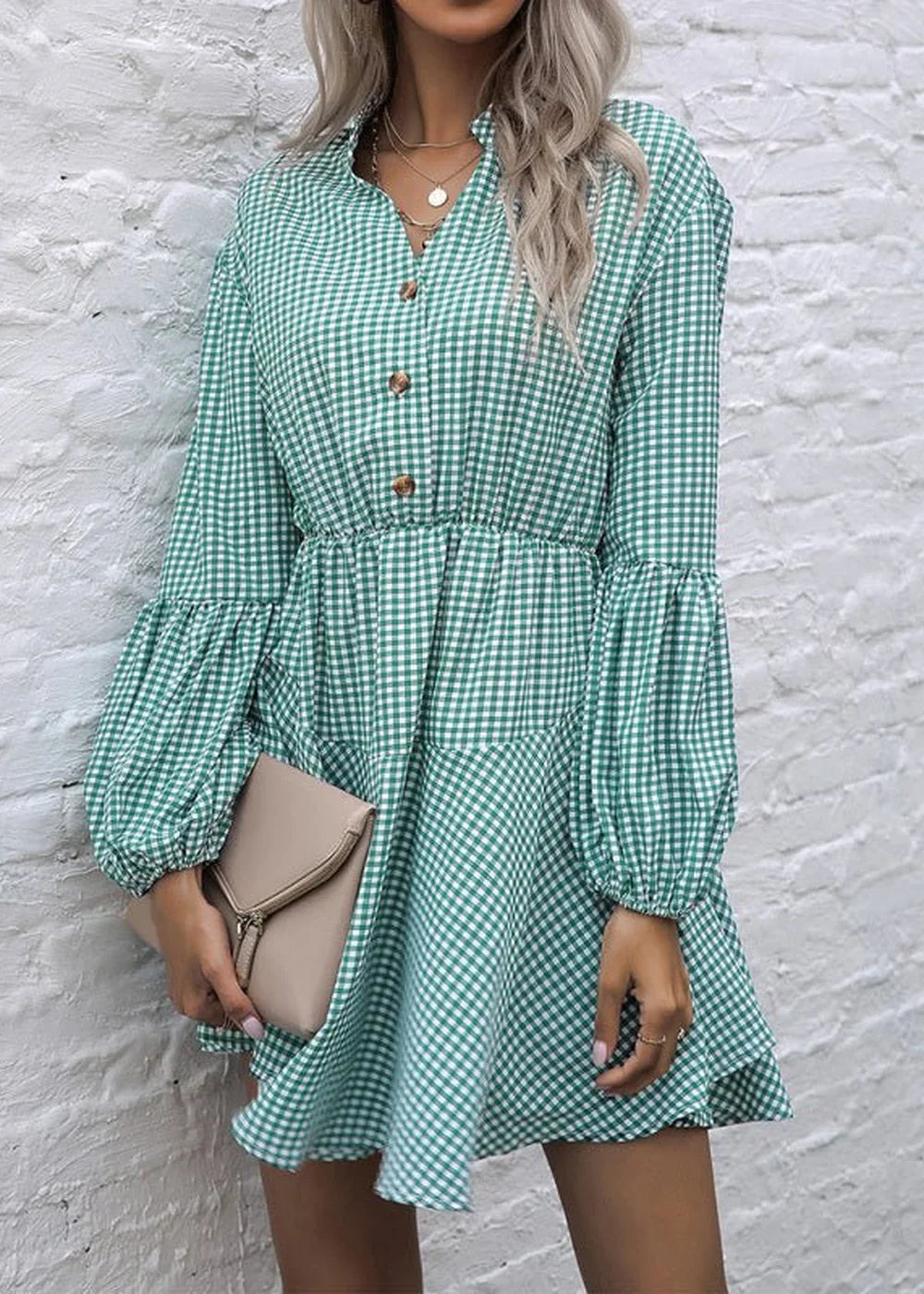 Green leopard print standing collar dress