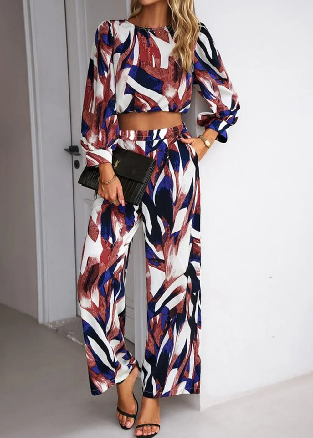 Brown printed two-piece suit with trousers and top