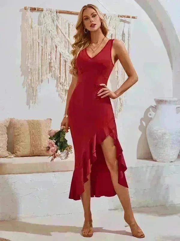 Wine Red V-neck ruffled hem dress