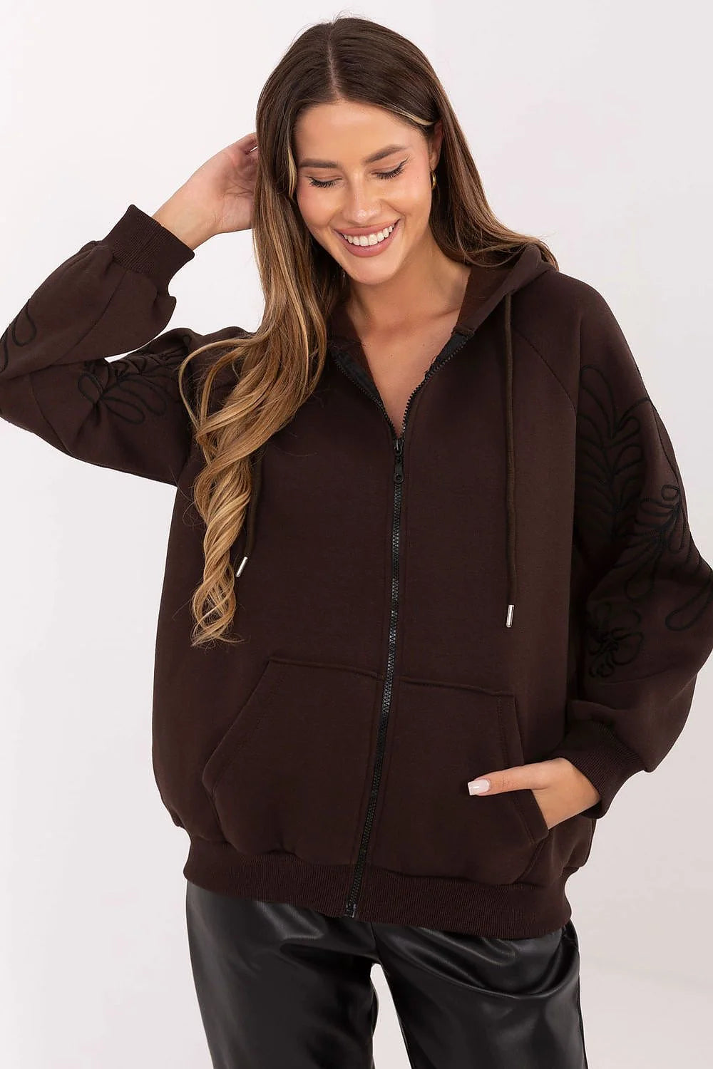 Brown cotton blend embroidered hoodie