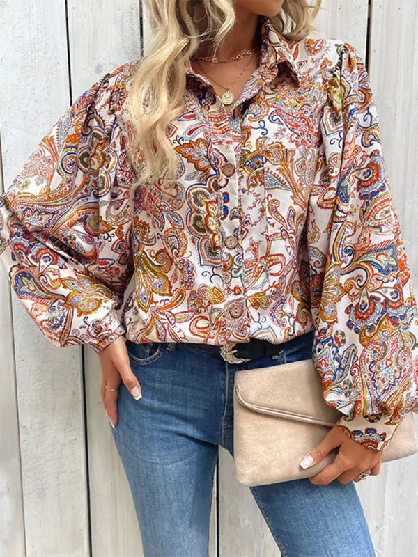 Cracker khaki floral print loose long sleeve shirt
