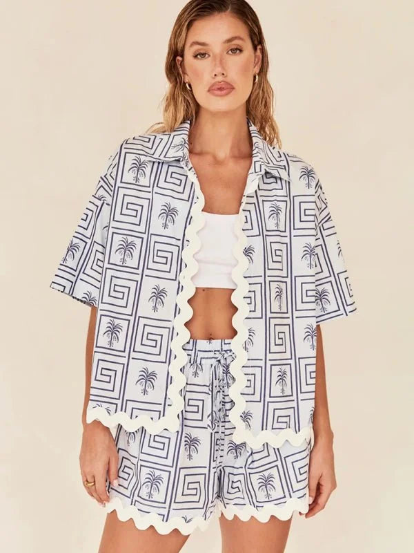 Blue women's wave pattern stitching casual suit
