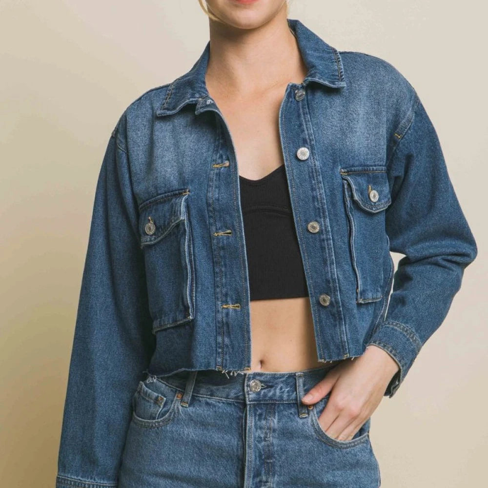Cropped Denim Jacket with Raw Hem