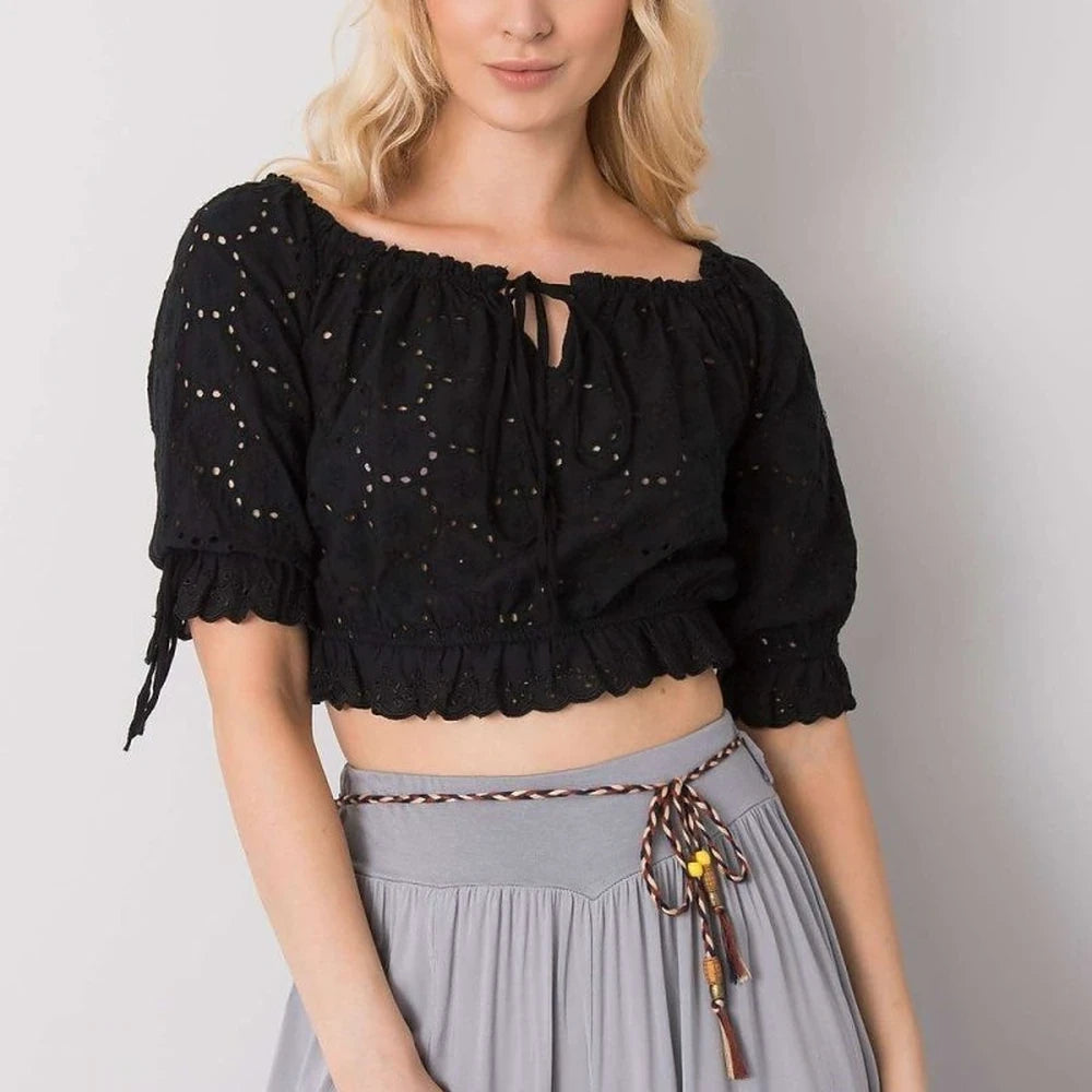 Openwork Cotton Short Sleeve Blouse
