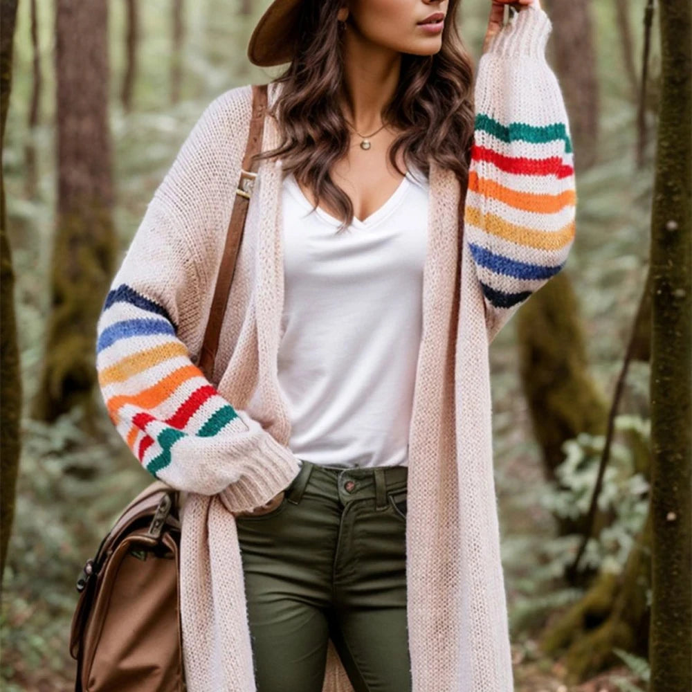 Striped Open Front Long Sleeve Cardigan