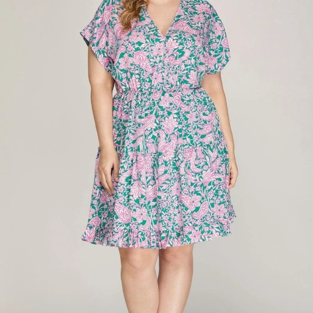 Plus Size Printed Surplice Mini Dress