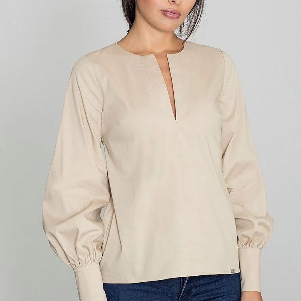 Cotton Blend Pointed Neck Blouse with Buttoned Sleeves