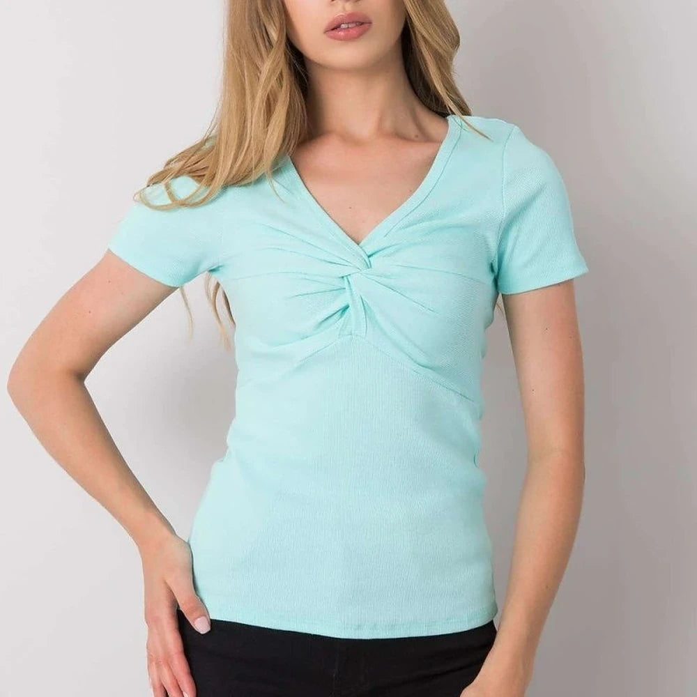 Ribbed Knot Blouse with Heart Neckline