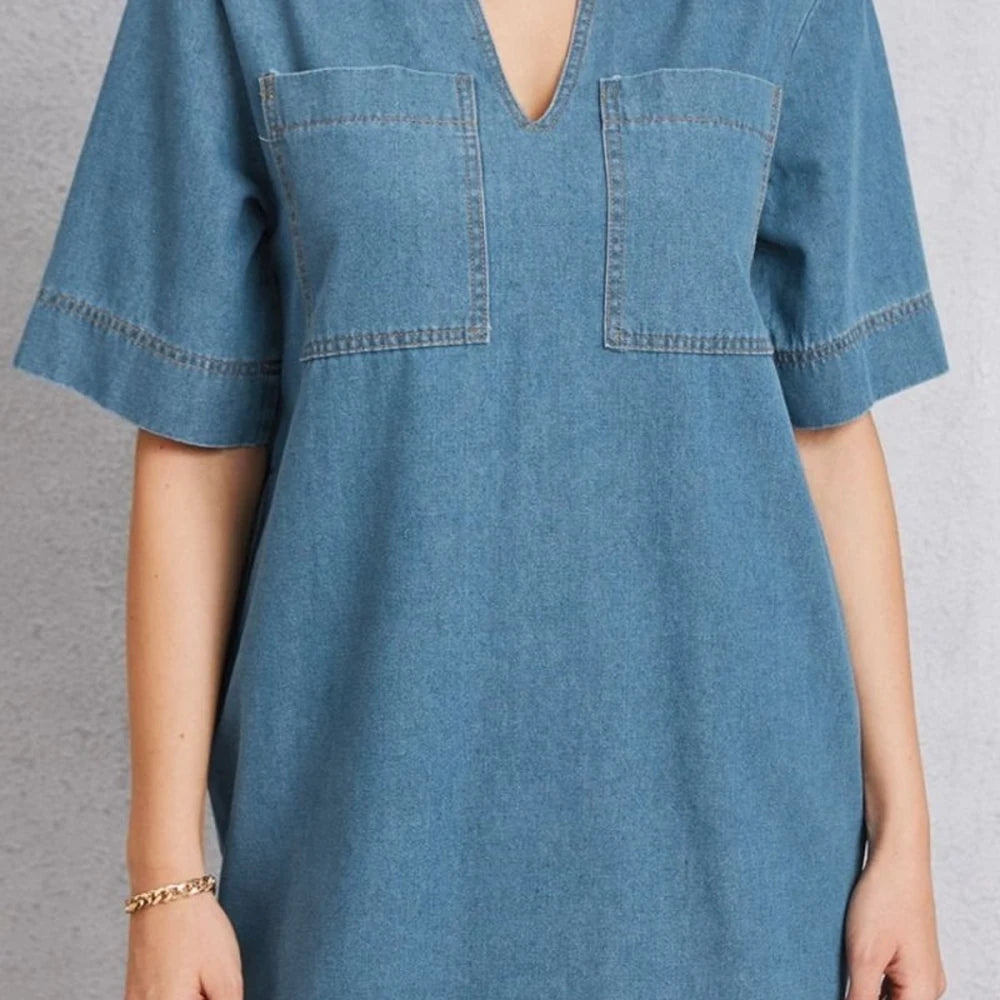 Denim Pocketed Mini Dress with Collar
