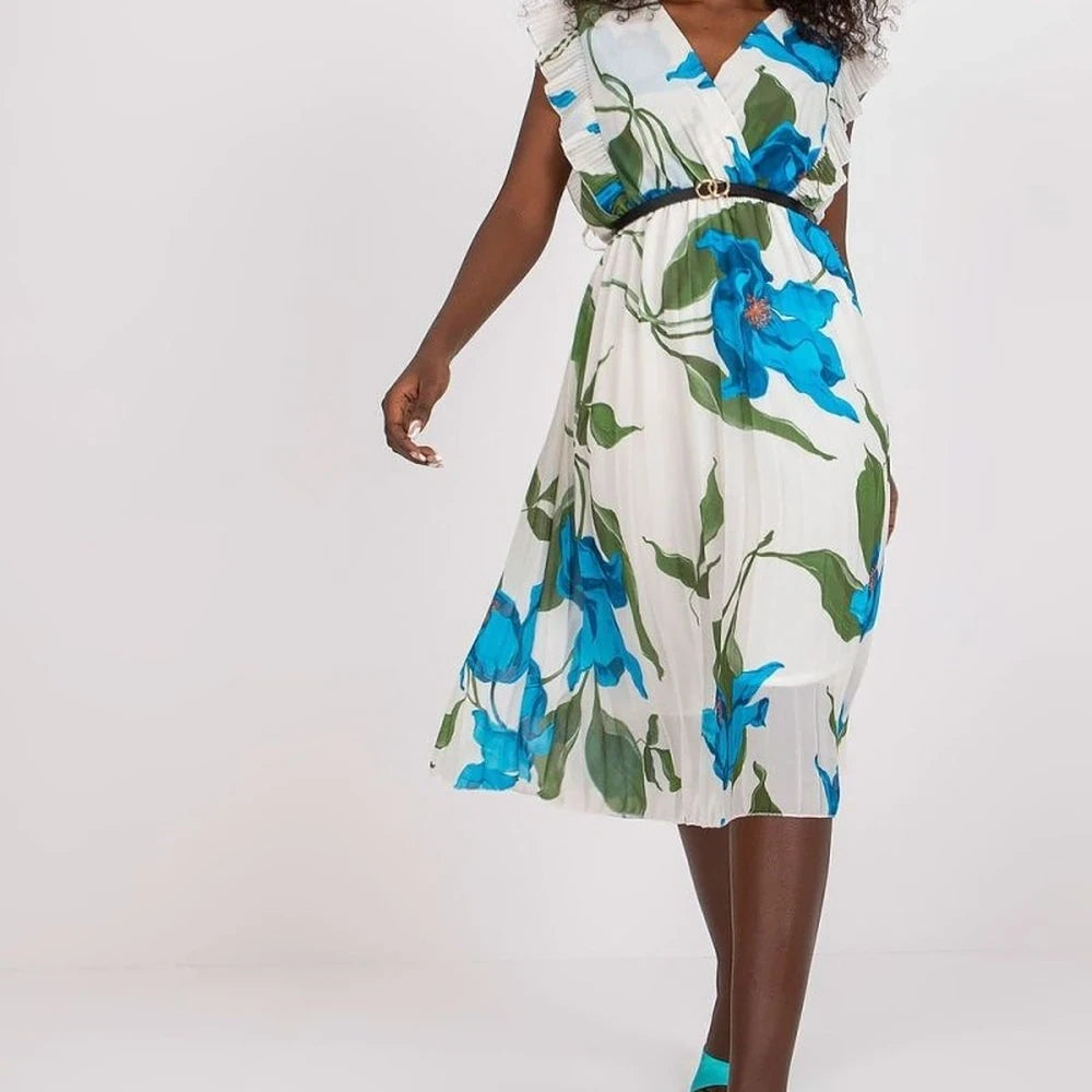 Pleated Summer Dress with Ruffle Sleeves