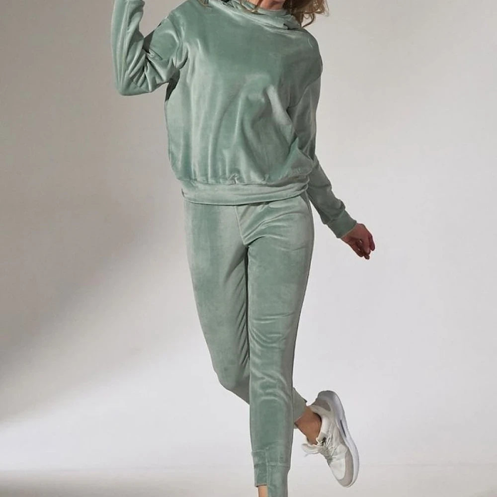 Green Velour Tracksuit Trousers with Drawstring Waist