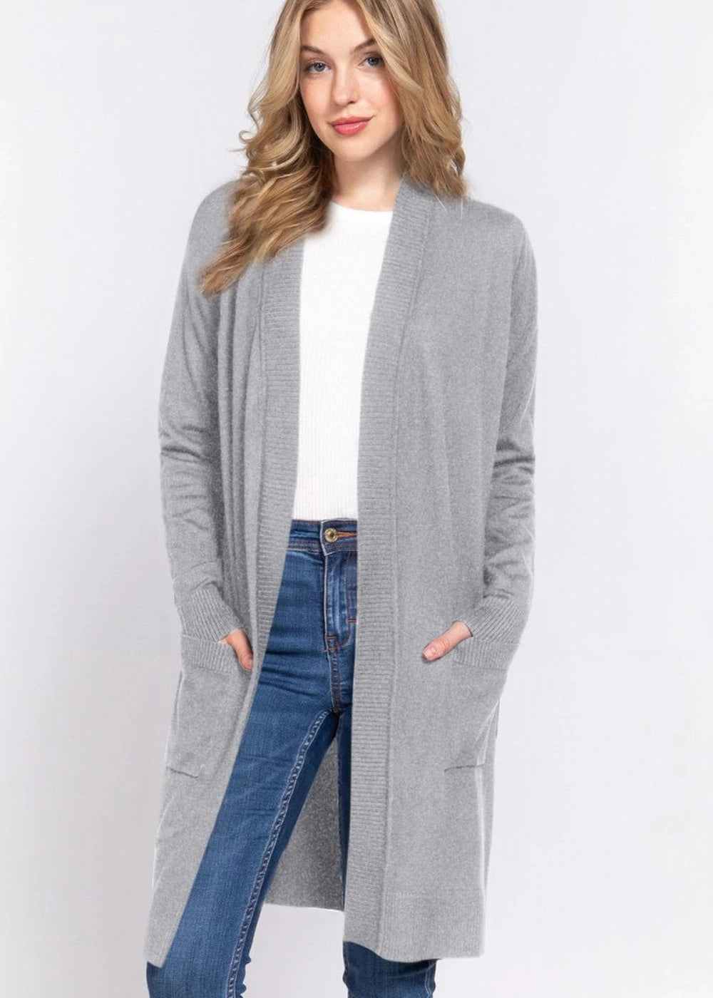 ACTIVE BASIC Open Front Rib Trim Long Sleeve Knit Cardigan