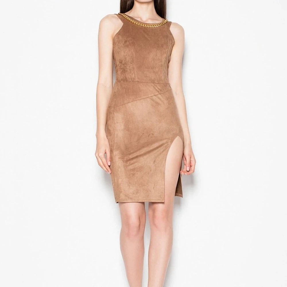 Elegant Suede Evening Dress with Jeweled Chain