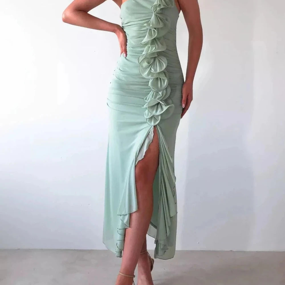 One-Shoulder Ruffle Slit Dress