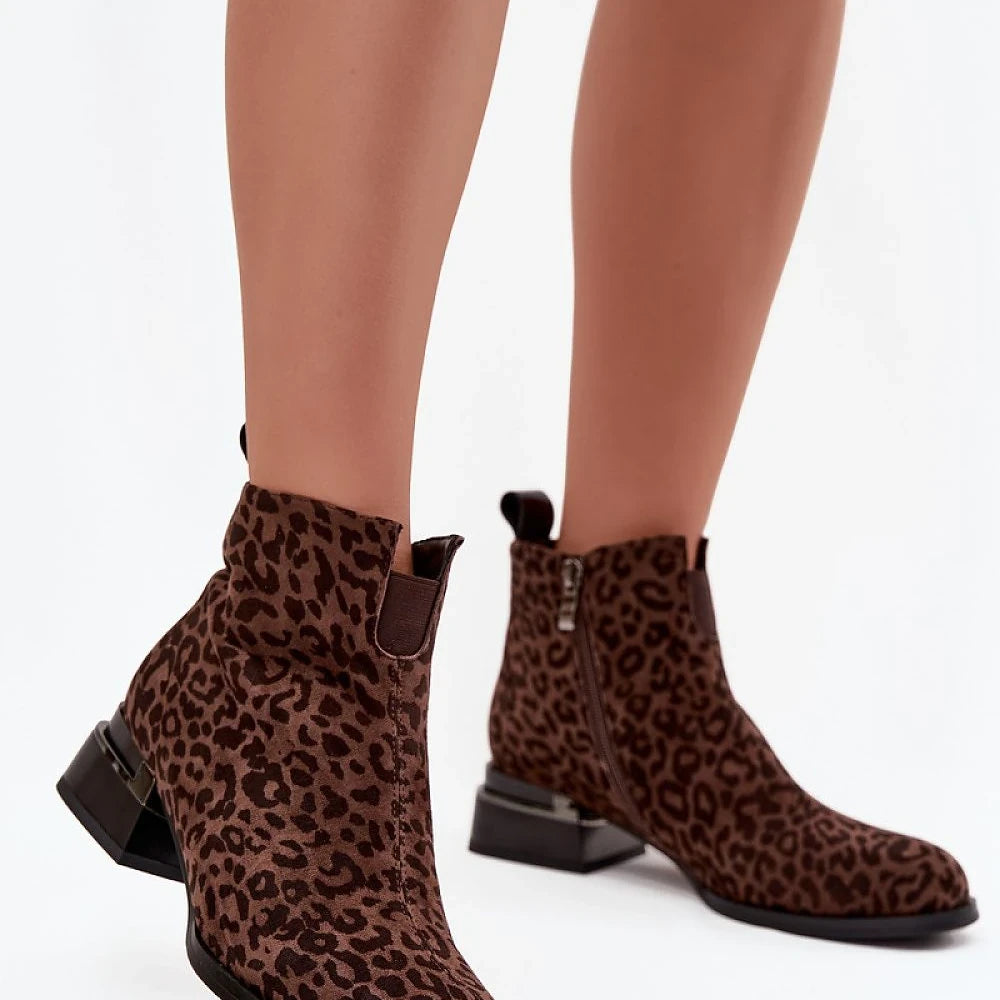 Brown Suede Panther Print Ankle Boots