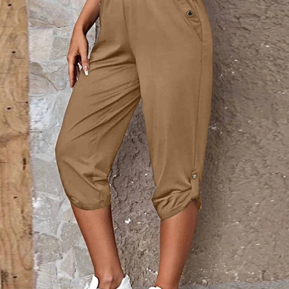 Solid Capris Pants with Roll-Tab