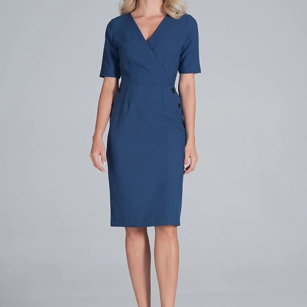 Midi Pencil Dress with Envelope Neckline