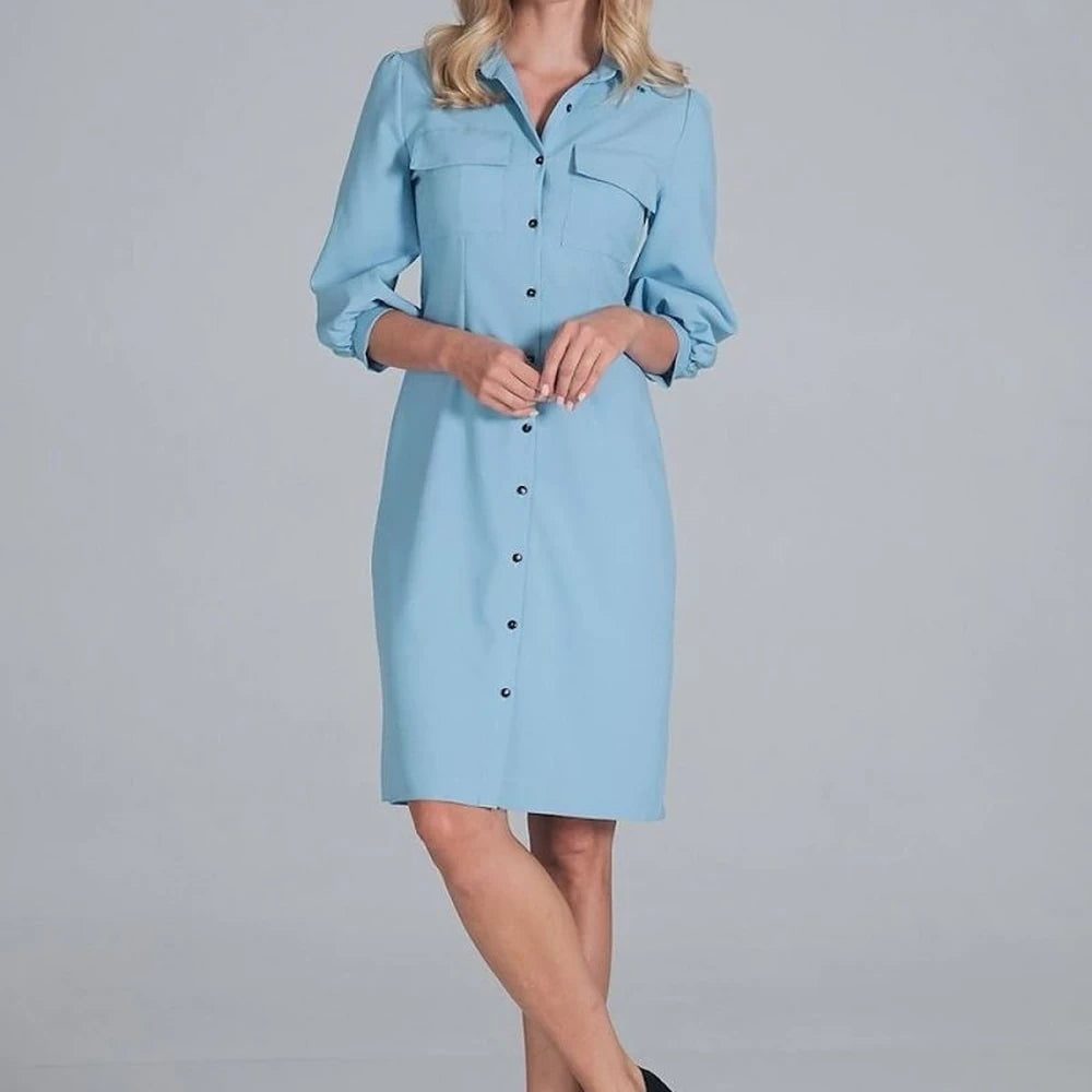 Midi Shirt Dress with Collar and 3/4 Sleeves