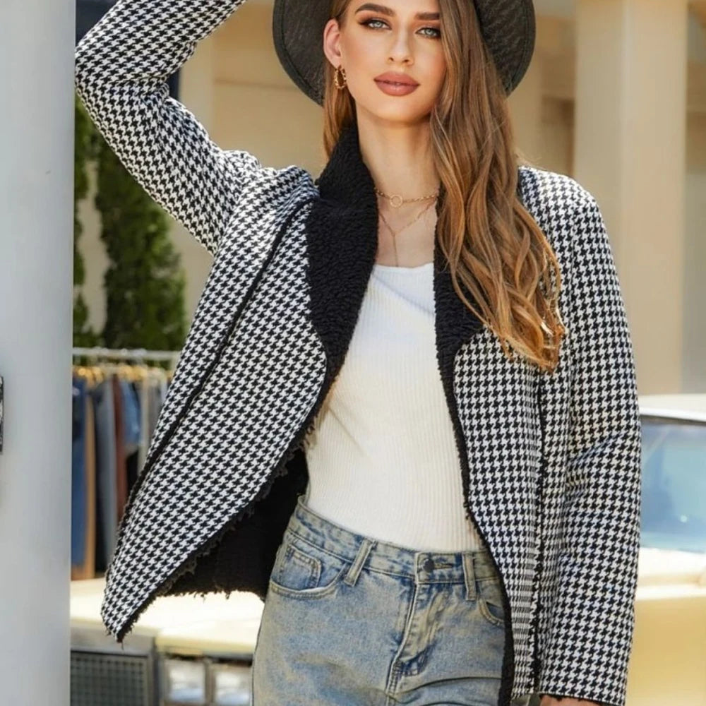 Houndstooth Open Front Long Sleeve Jacket