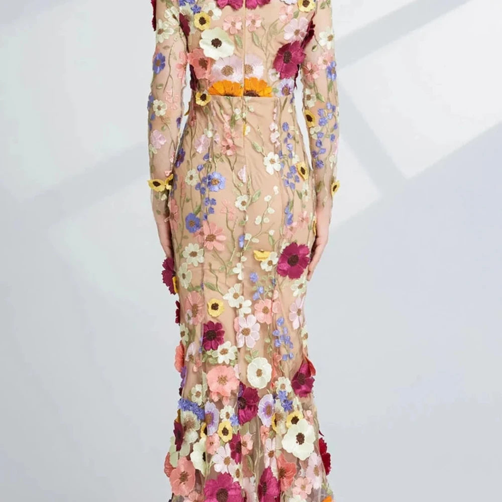 Floral Embroidered Mesh Midi Dress