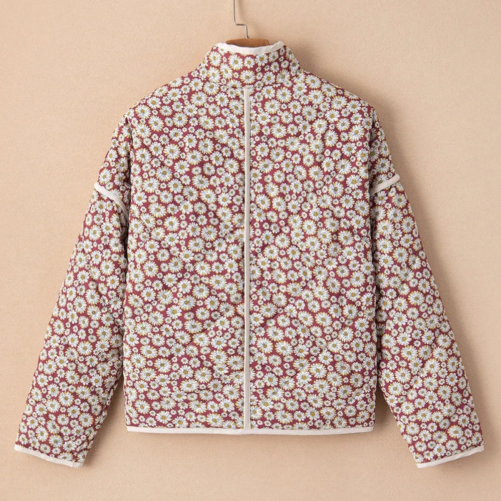 Floral Mock Neck Coat with Pockets