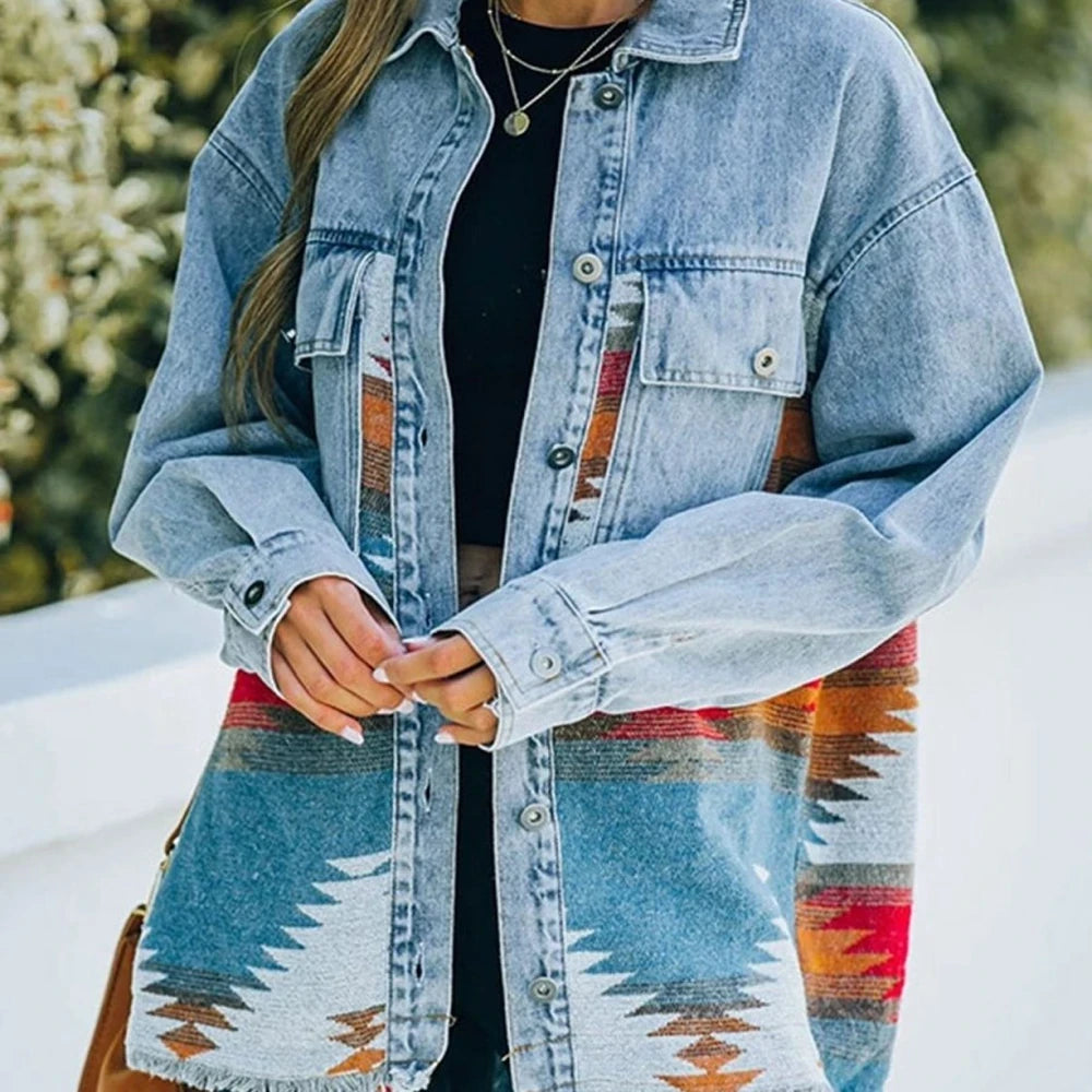 Collared Neck Denim Jacket with Raw Hem