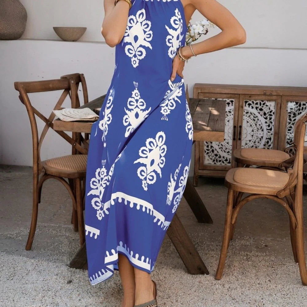 Printed Maxi Dress with Grecian Neck