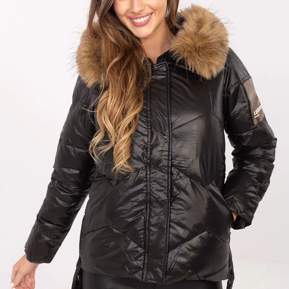 Women's Quilted Down Jacket with Detachable Fur Hood
