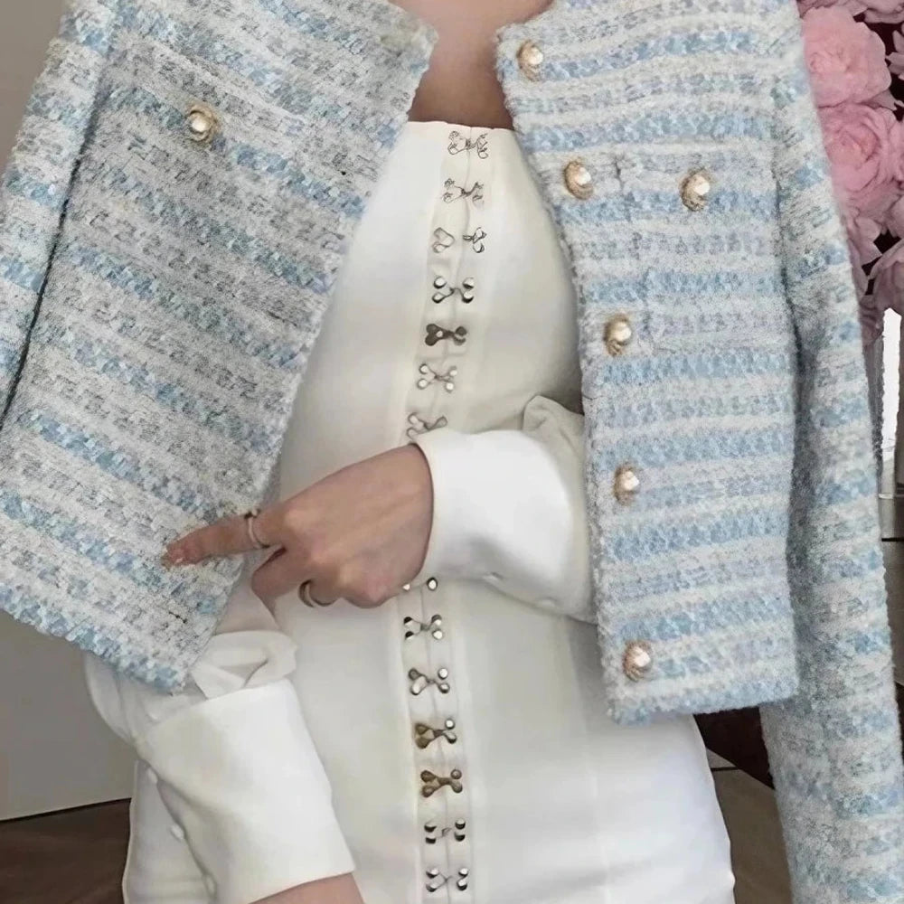 Light Blue Cropped Tweed Button Up Jacket