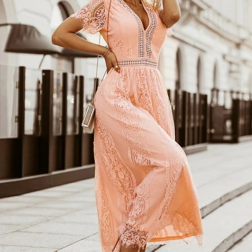 Scalloped Lace V-Neck Maxi Dress