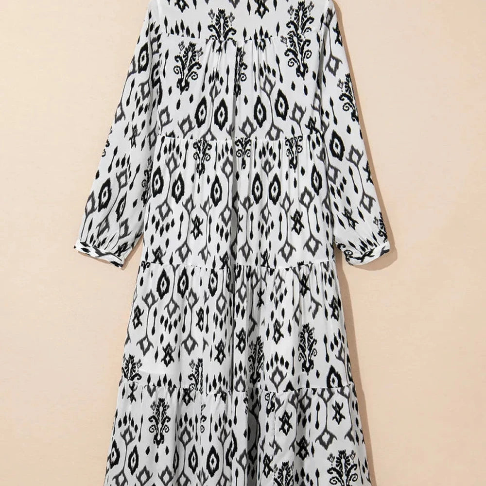 Tiered Printed Notched Long Sleeve Midi Dress