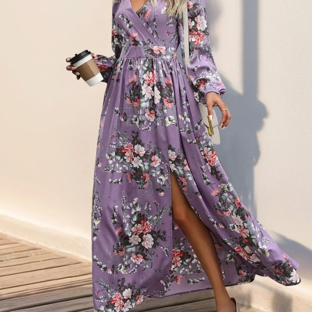 Printed Surplice Maxi Dress with Slit