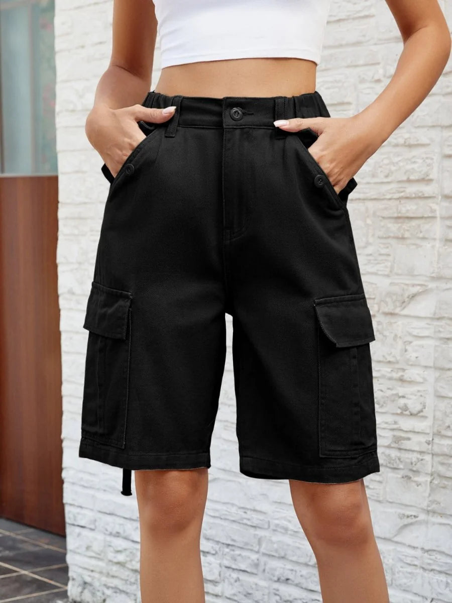 Black cargo shorts with a regular fit and a drawstring detail at the hem, shown on a model.