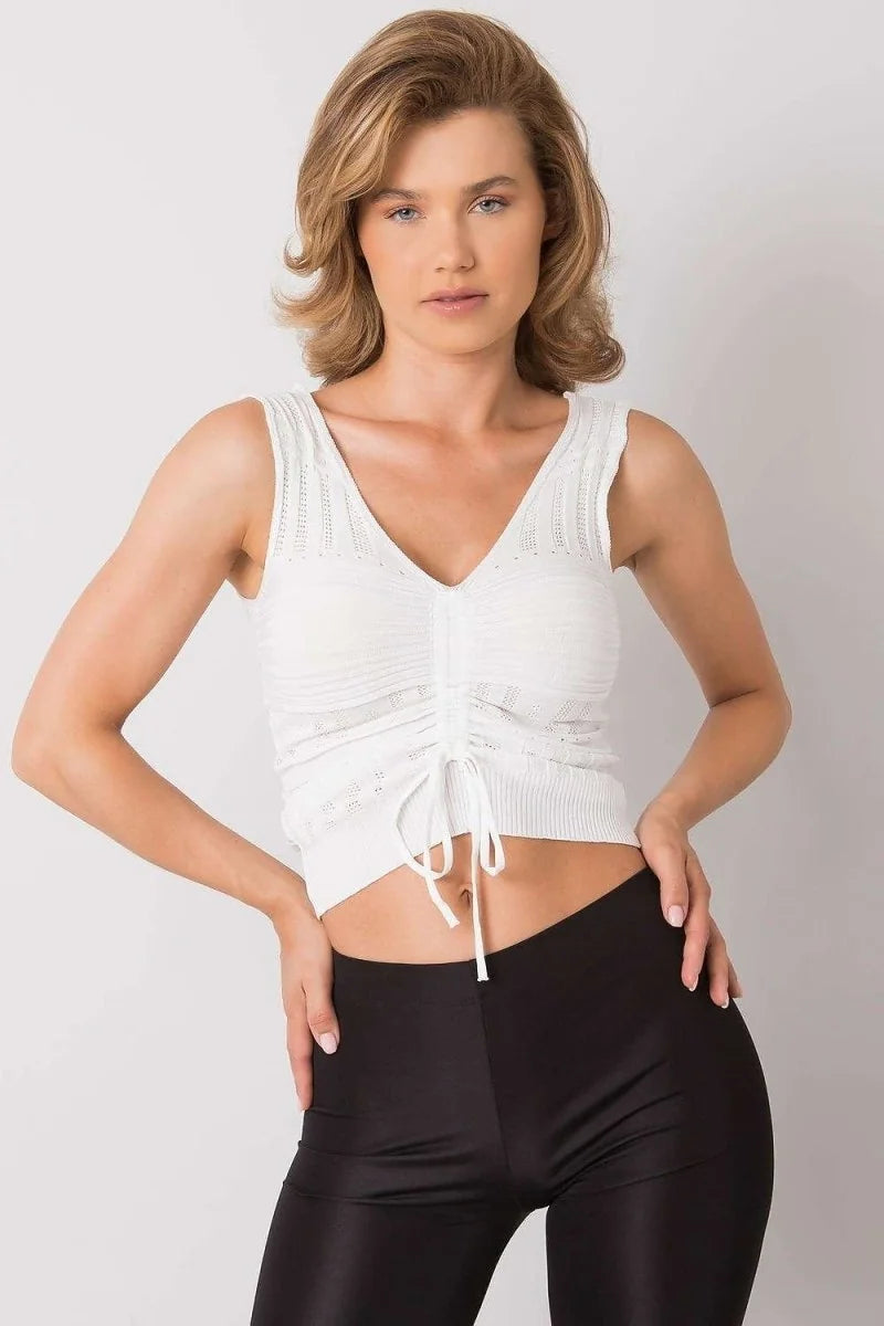 White knit crop top with drawstring ruching at the bust and v-neck.