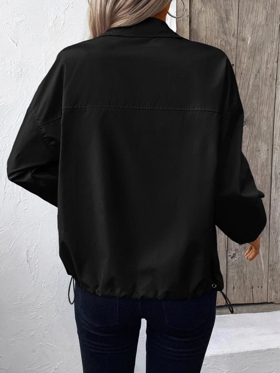 Black polyester jacket with drawstring hem, shown from the back on a model.
