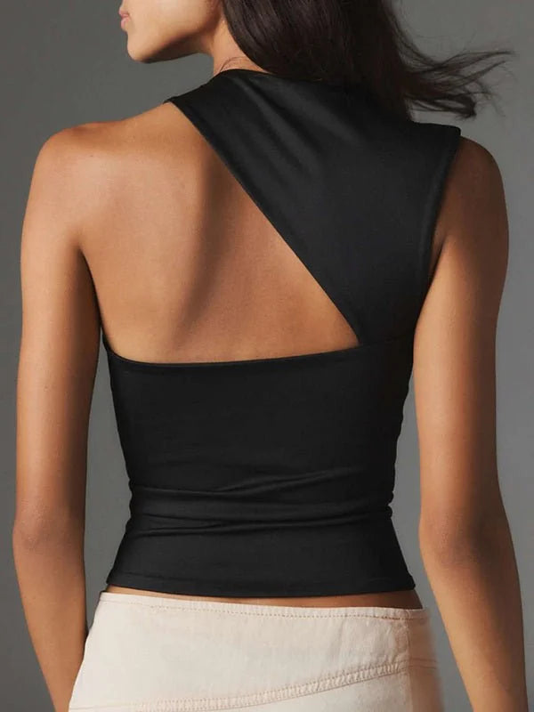Black one-shoulder asymmetrical top with a cutout detail on the back, shown on a model.