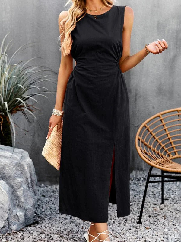 Sleek black sleeveless midi dress with a side slit and ruched waist detail.