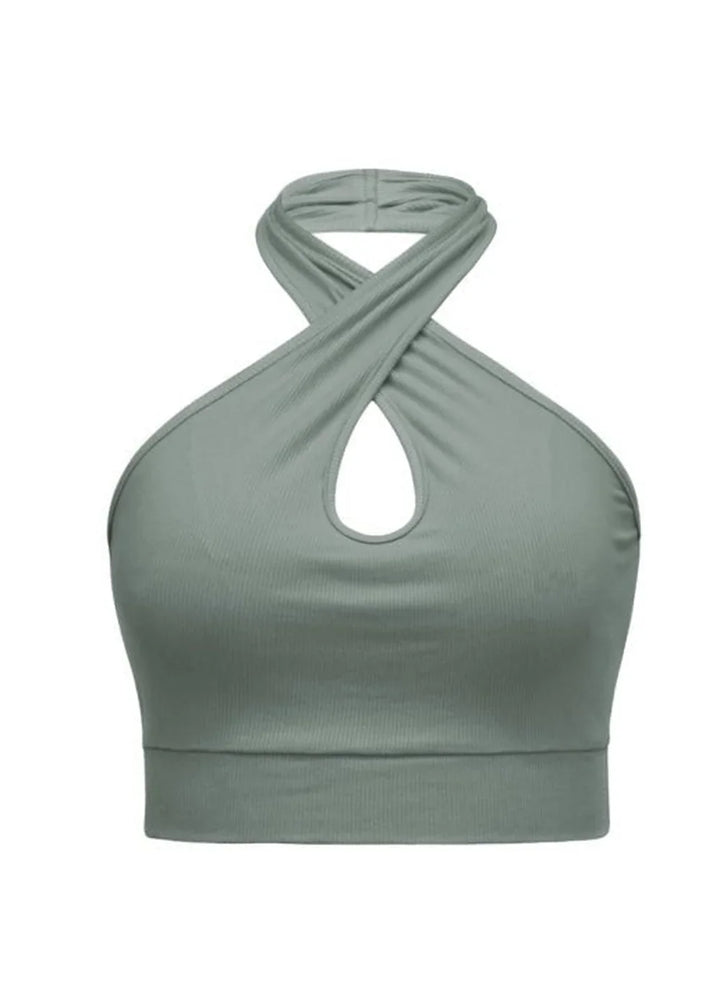 Sage green ribbed halter crop top with a cutout detail and criss-cross straps.