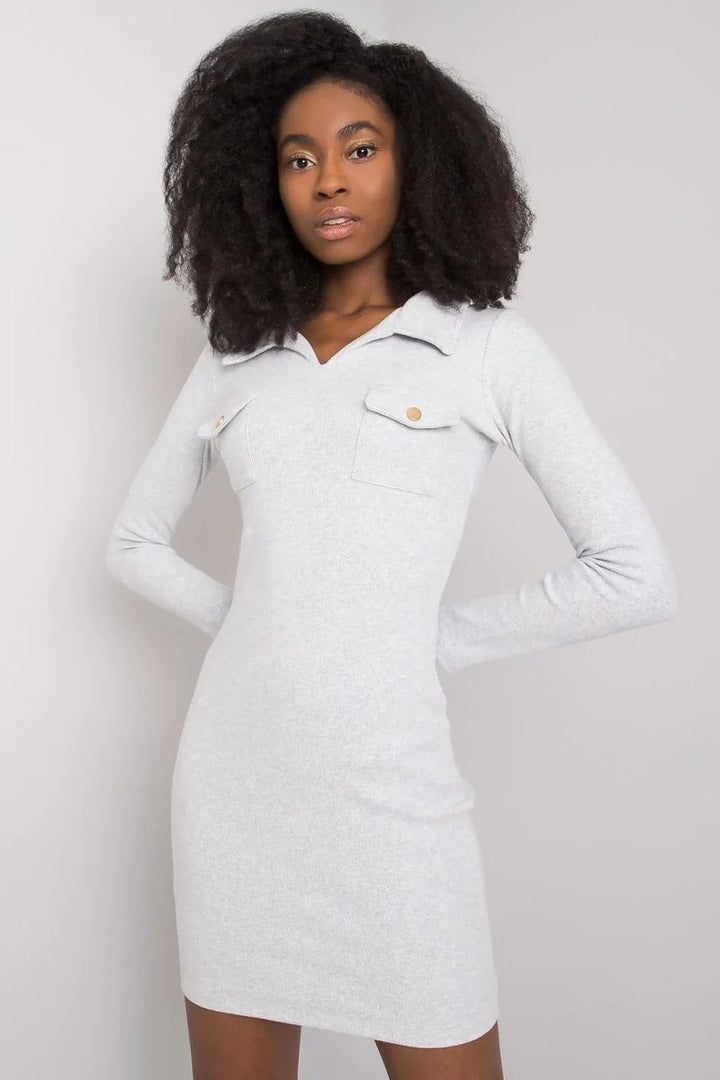 Light grey ribbed knit pencil dress with collar, long sleeves and two buttoned chest pockets.