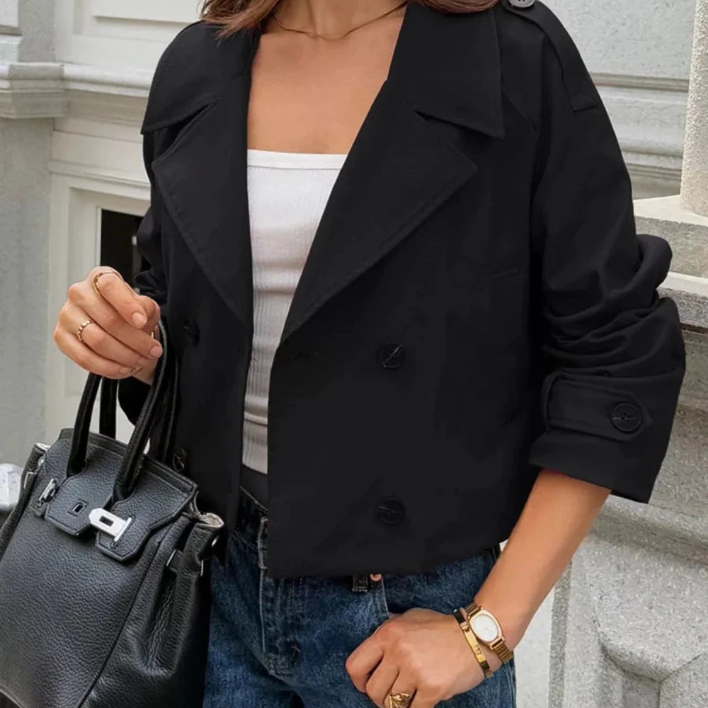 Cropped Double-Breasted Jacket with Raglan Sleeves