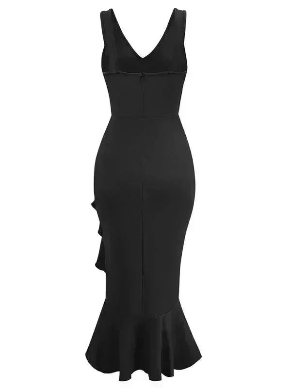 Black sleeveless midi dress with a V-neck, ruffled accent, and flared hem.