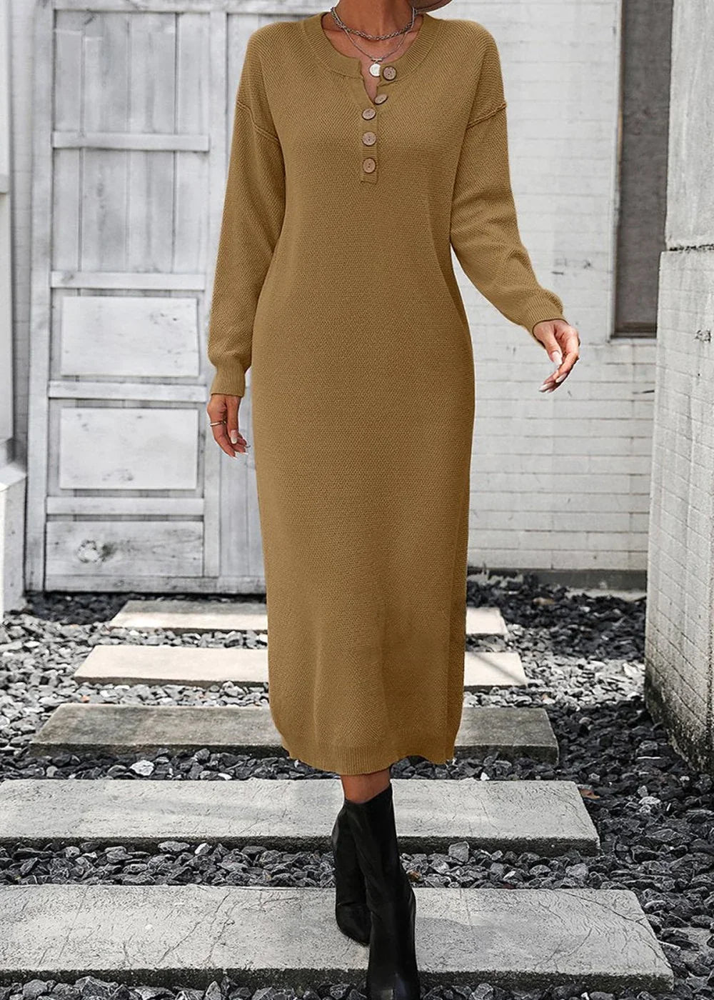 Camel knit sweater dress with button neckline and long sleeves, worn by a model.