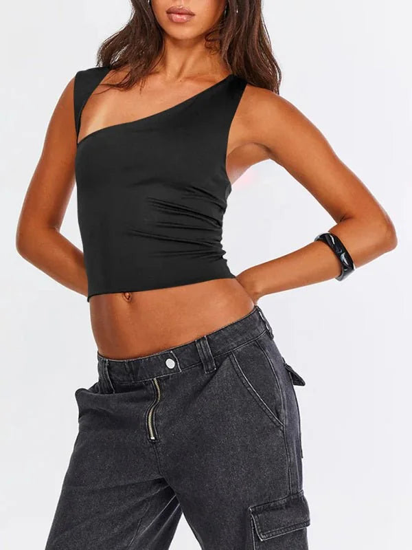 Black one-shoulder asymmetrical top with a smooth texture on a model.