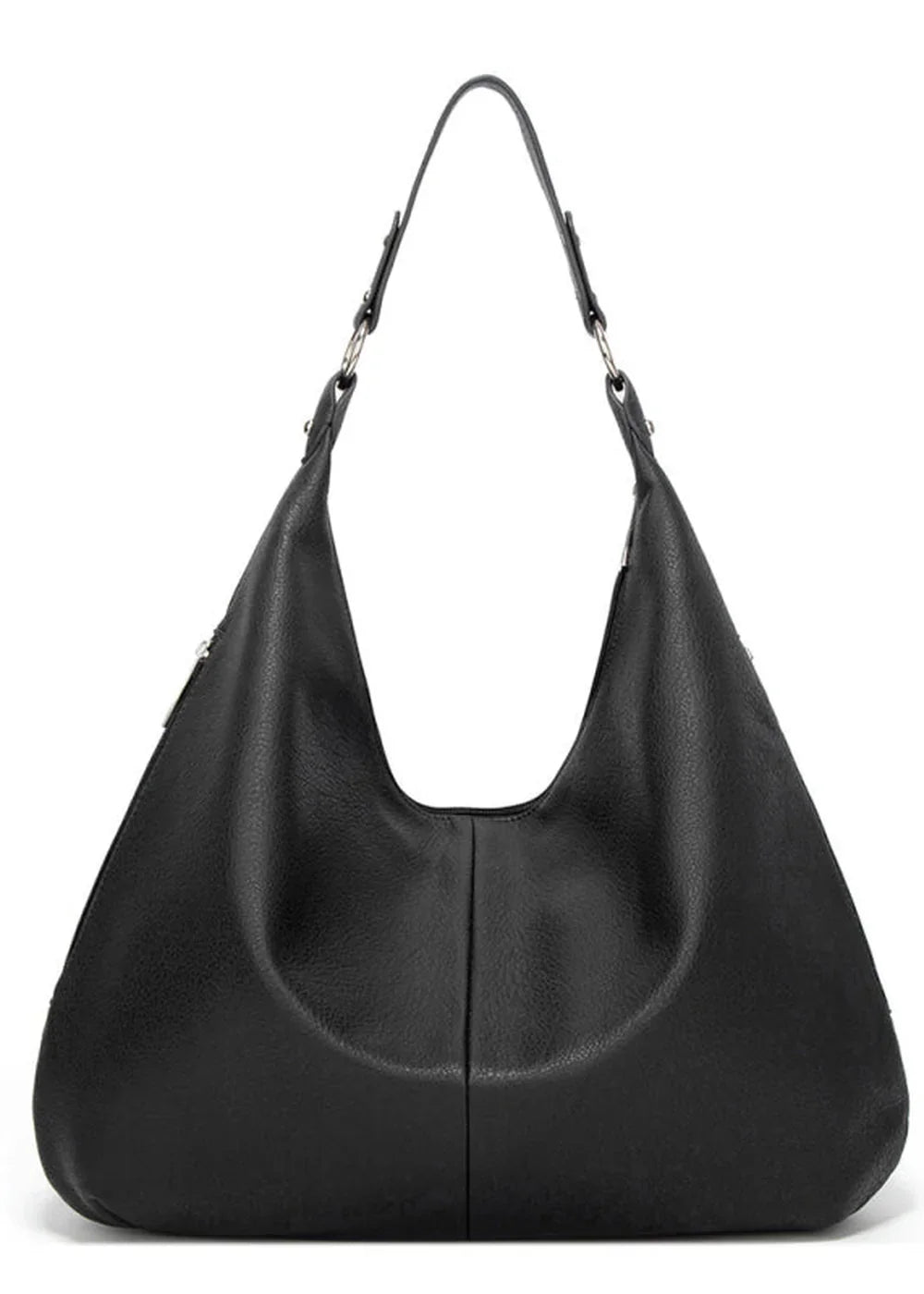 Black faux leather hobo bag with a textured finish and silver hardware detail.