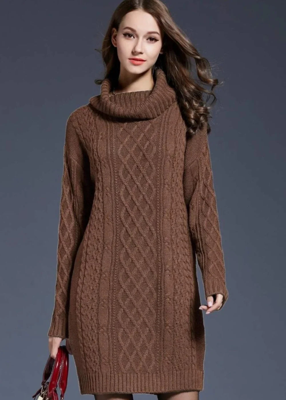 Brown cable knit turtleneck sweater dress with long sleeves on model.