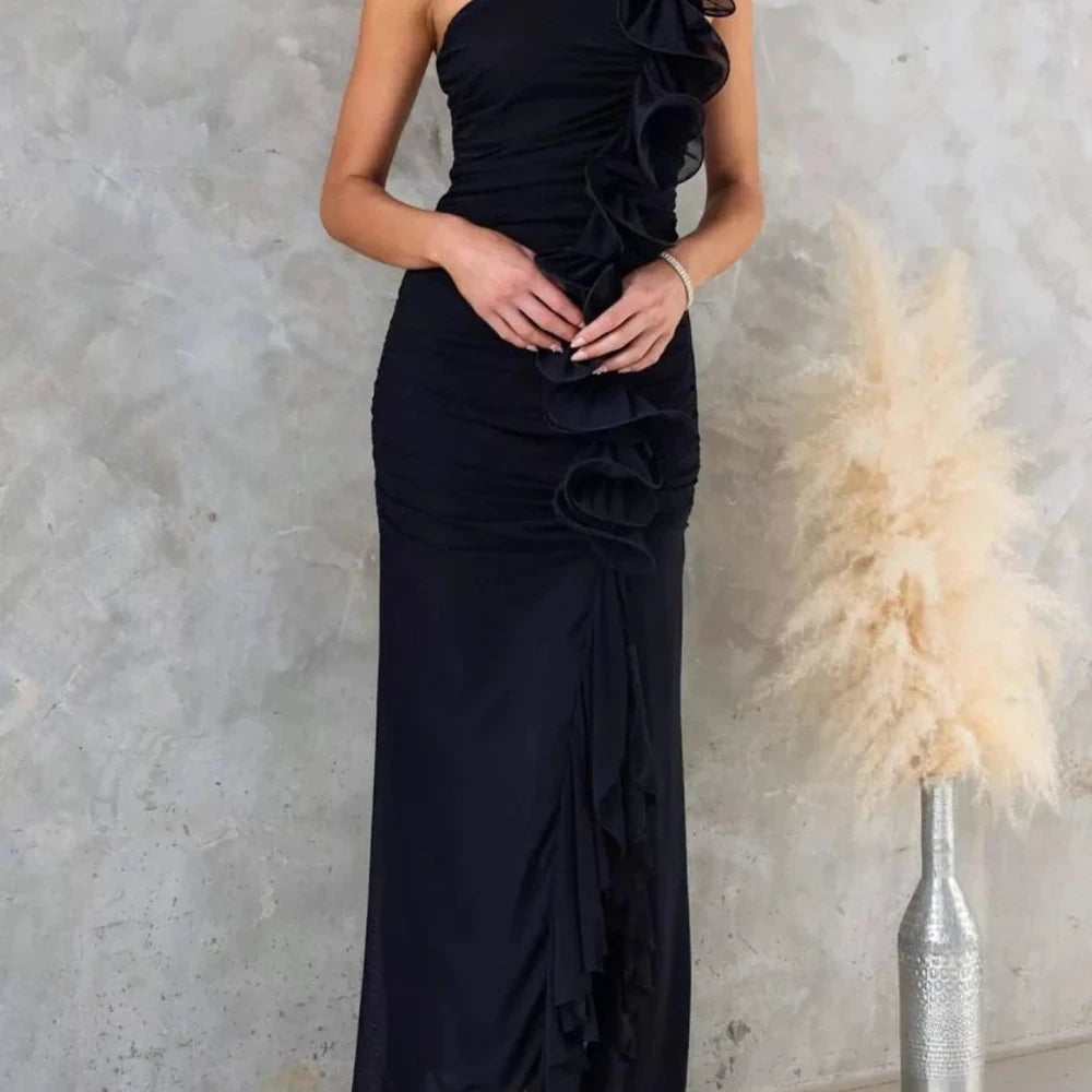One-Shoulder Ruffle Slit Dress