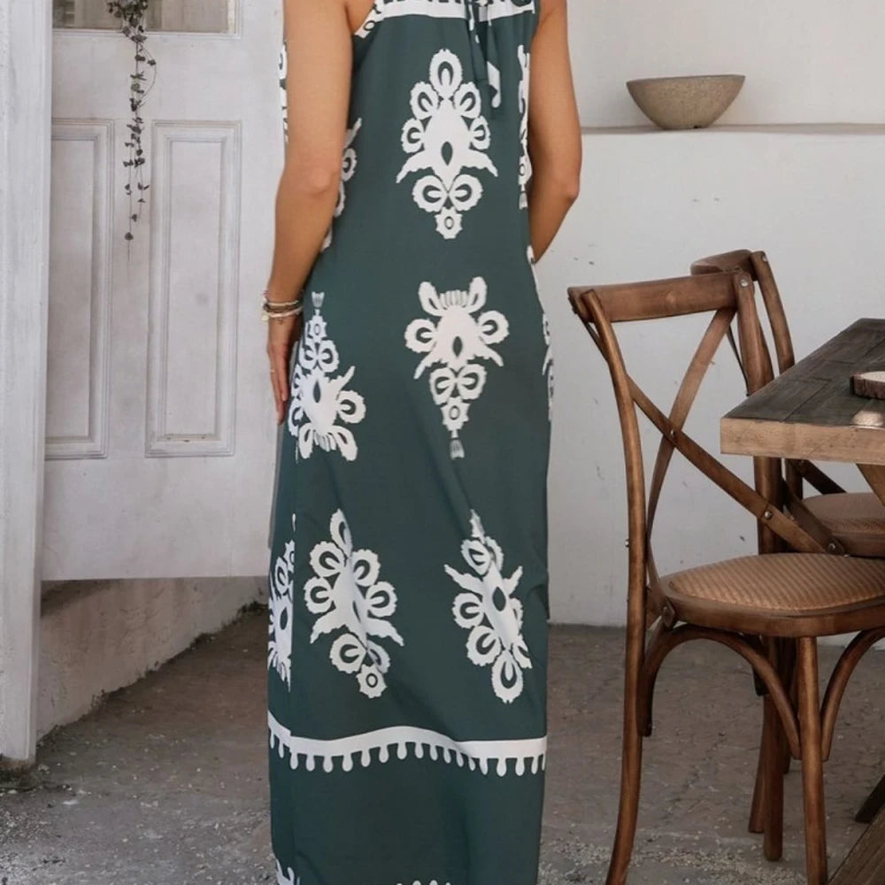 Printed Maxi Dress with Grecian Neck